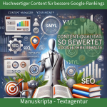 Illustration eines professionellen Content-Managers, umgeben von Symbolen für Expertise, Autorität und Vertrauenswürdigkeit, der hochwertige Webinhalte erstellt